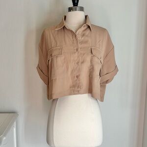 Camellia Tan Semi-Sheer Cropped Military-style Short Sleeve Button Down, Med